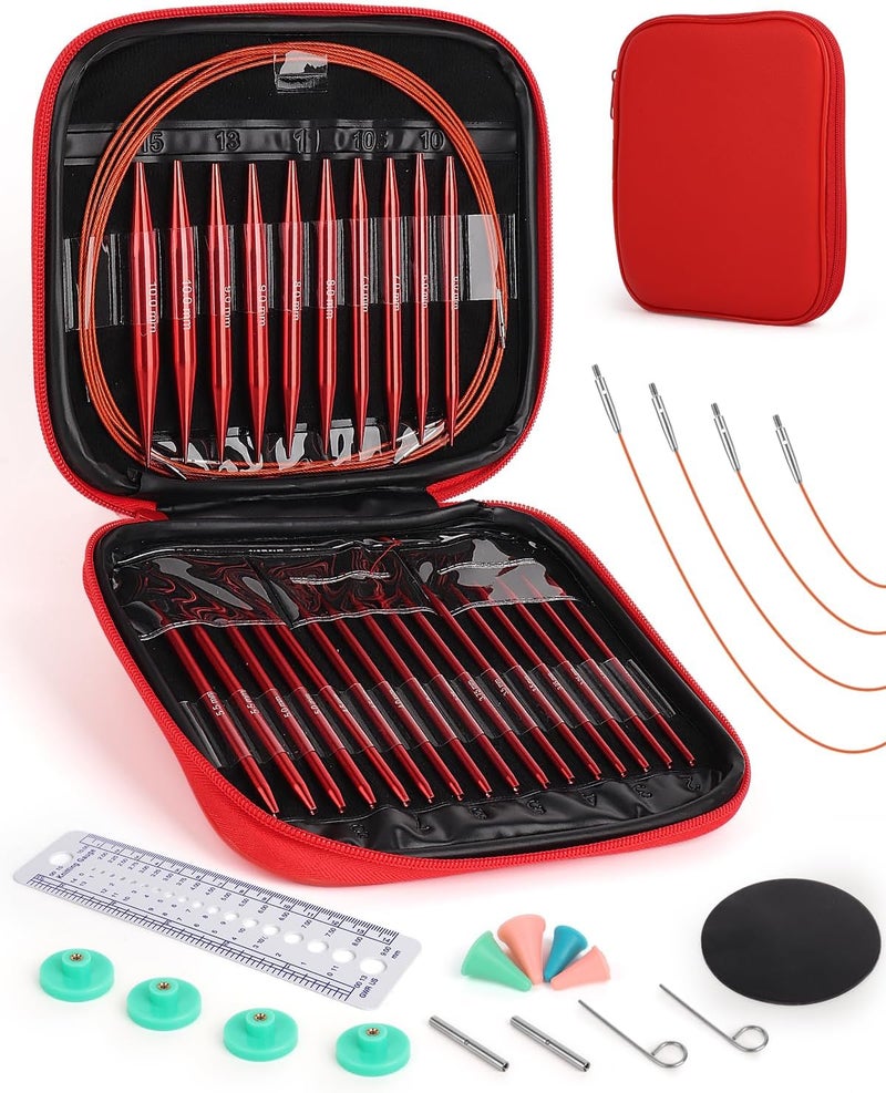 Aeelike Interchangeable Knitting Needle Set with Circular Cable for Crafters, 13 Circular Knitting Needles with 4 Cable, 3-10 mm Aluminum Knitting Needles for Beginner, DIY Crafts, Red Needle Set - Image 1